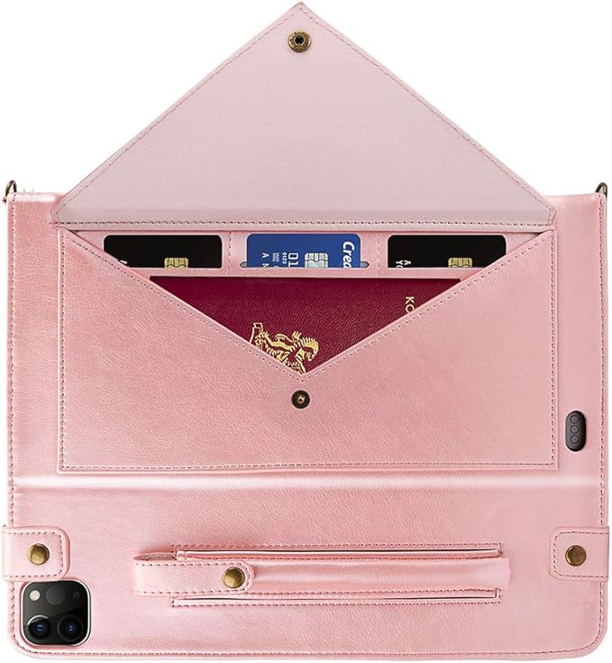 Case for iPad Pro 11 2022/2021/2020, iPad Air 11 2025/2024/2022/2020, Techcircle Smart Folio Stand PU Leather Cover w/Hand Strap/Pencil Holder/Card Slots/Envelope Pocket Wallet Case, Rose Gold