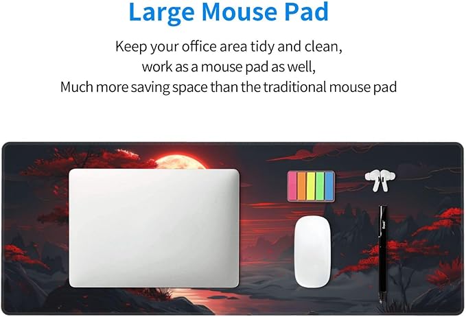 Extended Gaming Mouse Pad, Large Desk Mat XL Anime Mouse Pad Waterproof with Stitched Edges, Non-Slip Desktop Pad for Home and Office, Level Up Your 31.5x11.8 Inch (Darkness Red Moon)