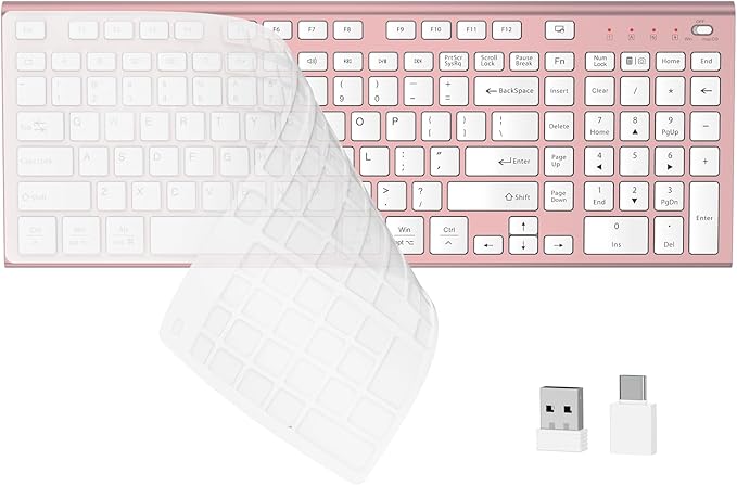 FENIFOX Wireless Silent Keyboard, Ultra Quiet USB C Low Profile Compact Full Size with Number Pad Flat Slim Thin Soft Touch for Mac Computer MacBook iMac PC Laptop Desktop Office (Pink Rose Gold)