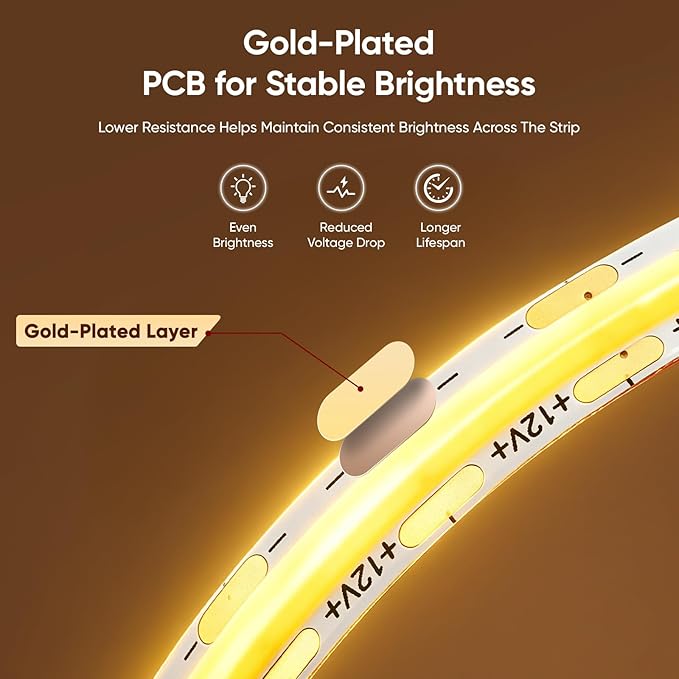 V4light COB LED Strip Light, Cool White (5000K), 12V Tape Light, CRI 95+, 3W/FT High Density, Dotless, Cuttable, UL Listed, Gold-Plated PCB for Bedroom, Kitchen, Cabinets (No Power Supply)