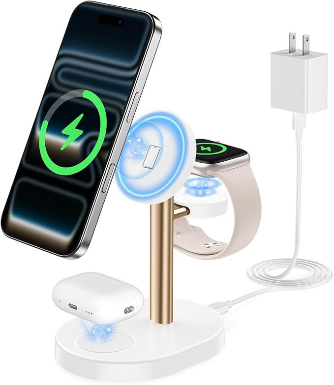 Hevanto 2026 3 in 1 Wireless Charging Station for Apple MagSafe Charger, 15W Fast Magnetic Mag-Safe Charger Stand for iPhone 17 16 15 14 13 12 Apple Watch AirPods Series, Gold&White