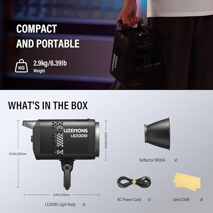 Godox Litemons LE200Bi 220W Bi Color COB LED Video Light, Professional Bowens Mount Continuous Photography Studio Lighting CRI/TLCI 98+ 57700 Lux@1m APP DMX Control Ultra Quiet for Video Recording