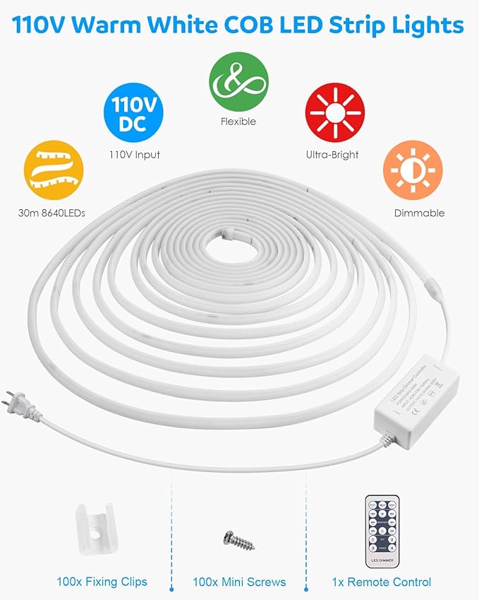 Aclorol 100FT Outdoor COB LED Strip Lights Waterproof Warm White 1 Roll AC 110V-120V Flexible Dimmable LED Lights Strip with Remote High Density COB LED Rope Light for Garden Commercial Building 3000K