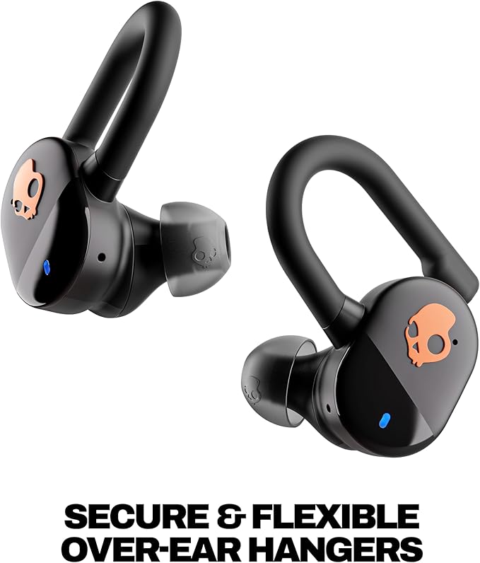 Skullcandy Push Play Active Wireless Earbuds, Bluetooth Headphones, Noise Isolating Fit, 34 Hrs Battery, Secure-Fit Over-Ear Hanger, Sweat Water Resistant, Microphone for iPhone Android - Black/Orange