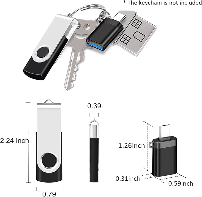 EASTBULL 5 Pack of 2GB USB 2.0 Flash Drives with Type-C Adapters and Keychains, High Speed Thumb Drives 360 Rotatable Swivel 2GB (5Pcs Black)
