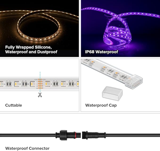 BTF-LIGHTING IP68 Waterproof Outdoor RGBW LED Strip 5050SMD RGB+Warm White(3000K-3500K) 4 Color in 1 DC24V 16.4ft 5m 60LED/m Multi-Colored Light White PCB Can Work Outdoor(No Adapter or Controller)