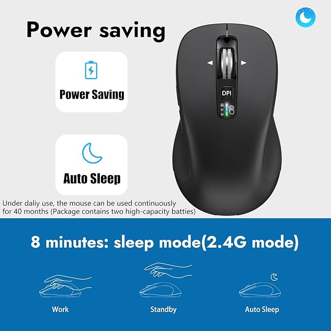 CITLLA Wireless Bluetooth Mouse (USB + BT1 + BT2), Full Size, 4-Way Scrolling, Multi-Device Silent Mouse for Computer, Laptop, iPad, MacBook (Black)