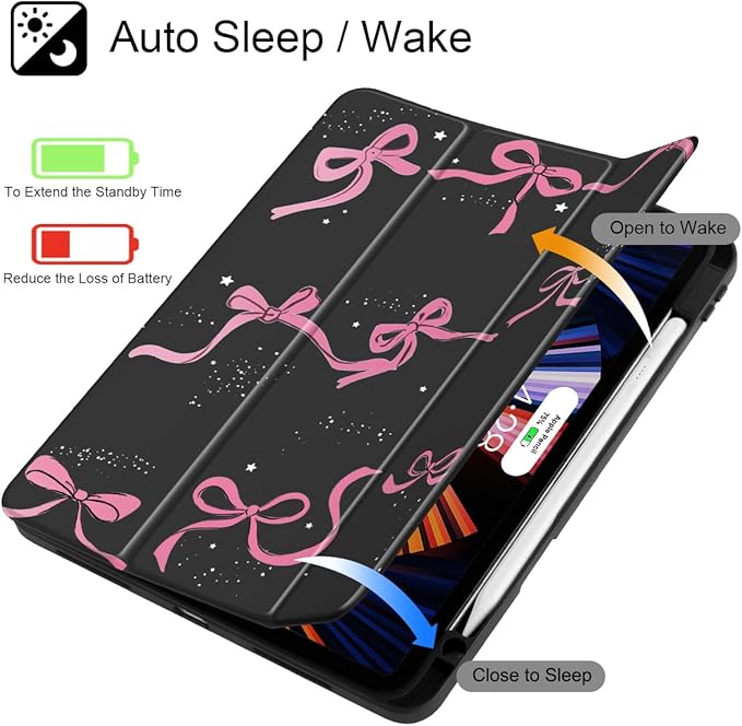 May Chen for iPad Pro 13 Inch Case M5 2025 / M4 2024, Built Pencil Holder & Clear Transparent Print Back Shell Slim Stand Shockproof Tablet Cover, Auto Wake/Sleep, Black Bows