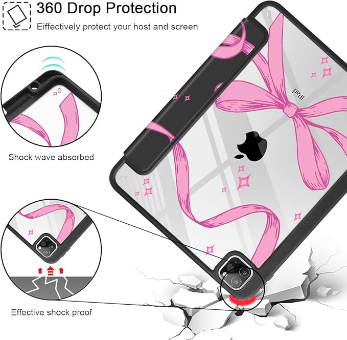 Tuiklol for iPad Pro 11 Inch 4th / 3rd / 2nd / 1st Gen (2022 2021 2020 2018) Case -Built-in Pencil Holder Shockproof Cover Clear Transparent Back Shell with Auto Wake/Sleep, Bow