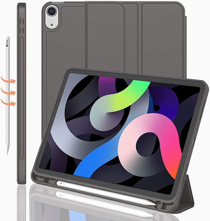 iMieet iPad Air 11 Inch Case M4/M3/M2(2026/2025/2024), iPad Air 5th/4th Generation Case 2022/2020 10.9 Inch with Pencil Holder,Trifold Stand Smart Case with Soft TPU Back(Dark Gray)