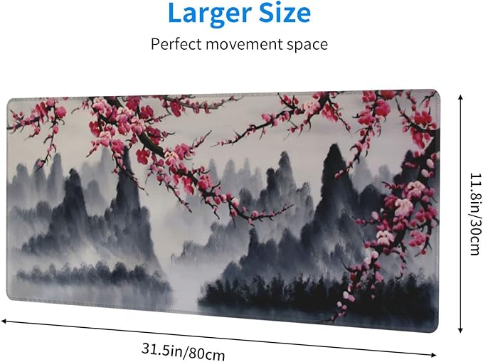 Japanese Sakura Watercolor Painting Extended Mouse Pad 31.5x11.8 Inch Cherry Blossom Flower Non-Slip Rubber Base Mousepad Stitched Edges Keyboard Mouse Mat with Stitched Edges for Gaming and Office