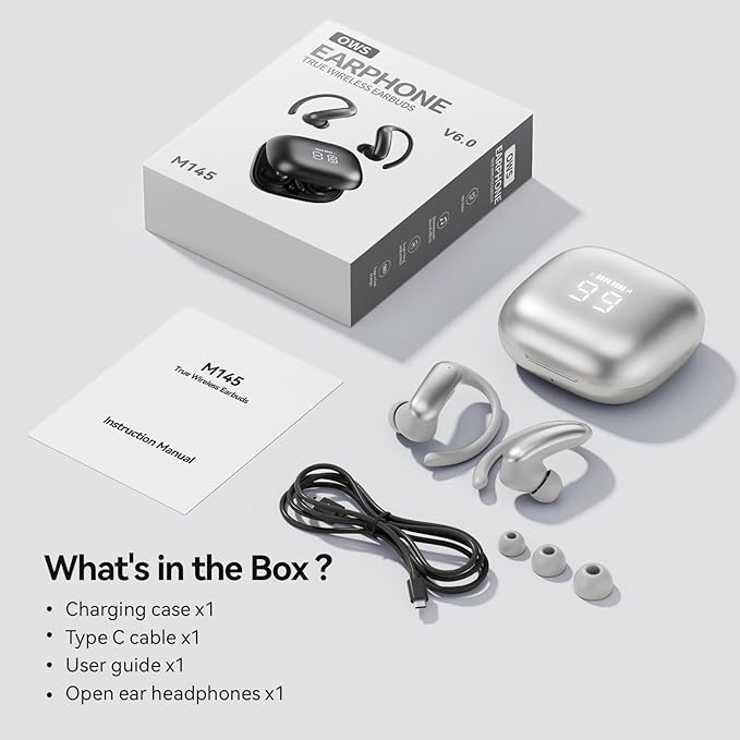 Wireless Ear Buds with Ear Hooks Bluetooth 6.0 Headphones,48H Playtime,Over Ear Buds with LED Power Display,IPX6 Waterproof for Sport Workout Running (Silvery)