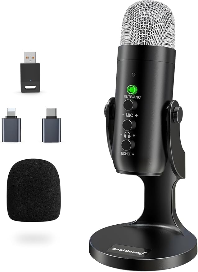 ZealSound Wireless Microphone for PC, Noise Cancellation Podcast Mic with Gain, Mute, Monitor & Echo Control, Cordless Mic for YouTube, ASMR, Podcasting, Streaming, iPhone, iPad, Android, Mac, K66DG