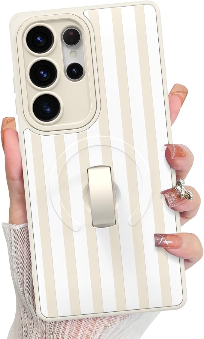 KANGHAR Compatible with Samsung Galaxy S25 Ultra Case, Support for MagSafe, Silicone Stripes Cute Pattern, Wristband Kickstand Camera Protection Soft Slim Cover for Girls Women -White