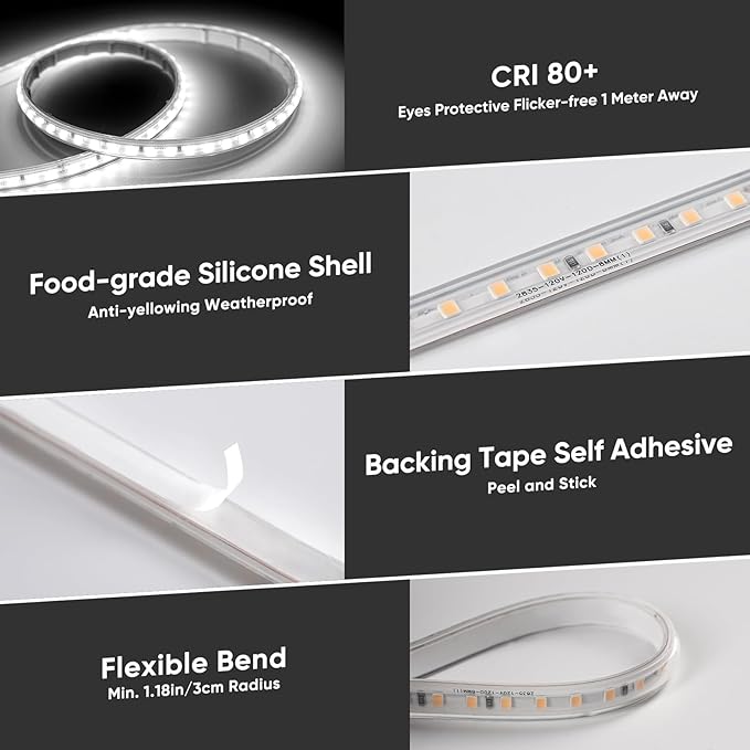 Shine Decor LED Strip Light Super Bright 16000LM, Plug&Play 120V Driverless Easy Wiring, Flicker Free Weatherproof for Outdoor Indoor, Min. 3.9” Cuttable Stickable, 6000K Cool White 65FT ETL Listed