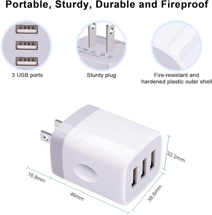 USB Wall Charger Adapter, FiveBox 2PC 18W/3Amp Fast Multiple 3-Ports Wall Charger Plug Box Charger Block Charging Base Cube for iPhone 16 15 14 13 12 11 Mini Pro Max SE XS XR X 8 7 6 Pad, Samsung
