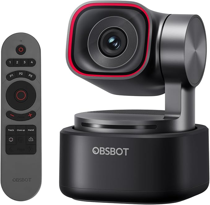 OBSBOT Tiny 3 AI-Powered Spatial Audio 4K PTZ Webcam, Tri-Mic AI Tracking 2.0 Voice Control Gesture Control 1/1.28" Sensor 4K Streaming Camera for Zoom Meeting Content Creation, W Smart Remote 2