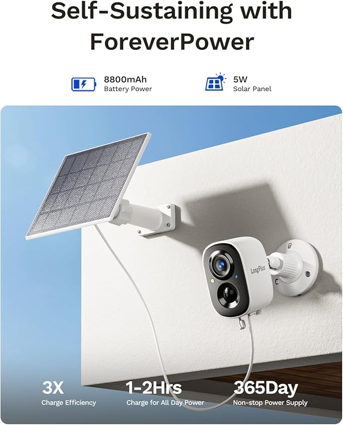 LongPlus 5MP Security Camera System Wireless Outdoor, No Subscription, Solar-Powered, WiFi Home Security Camera System with 360 ° Pan & Tilt, AOR Tech 24-7 Recording, Expandable 8CH,4 Cam-Kit