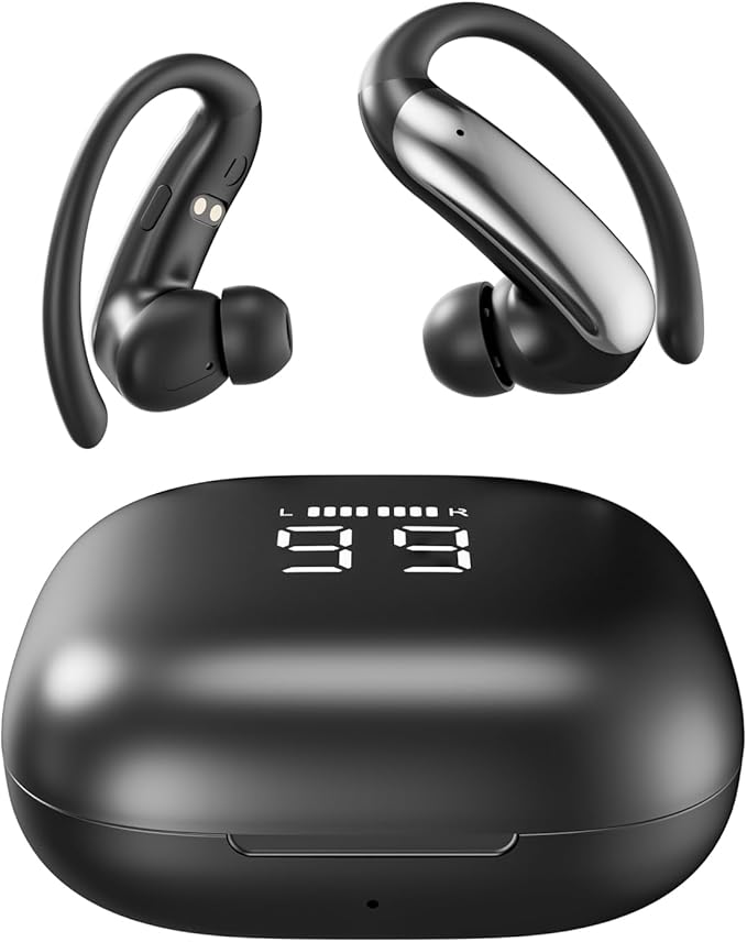 Wireless Ear Buds with Ear Hooks Bluetooth 6.0 Headphones,48H Playtime,Over Ear Buds with LED Power Display,IPX6 Waterproof for Sport Workout Running (Black)