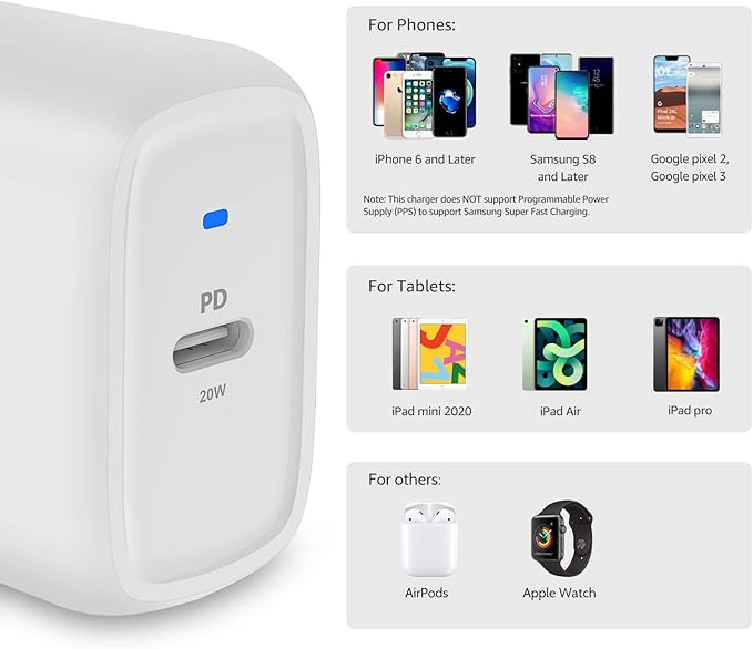 Amazon Basics 20W Foldable USB-C Wall Charger with Power Delivery for Tablets & Phones (iPhone 16/15/14/13/12/11/X, iPad, Samsung), Portable, non-PPS, White