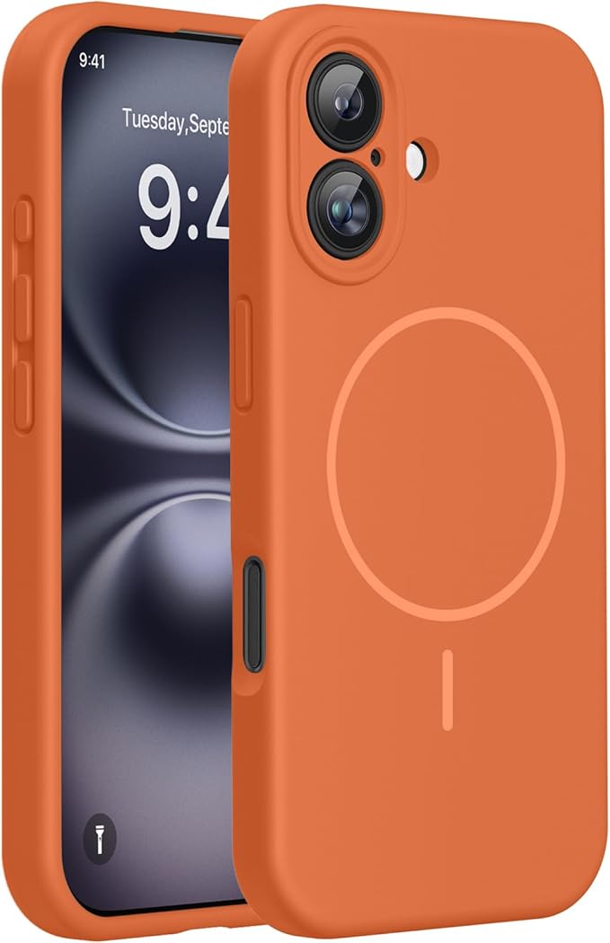 Miracase Magnetic for iPhone 16 Plus Case, [Soft Anti-Scratch Microfiber Lining], Compatible with MagSafe, Liquid Silicone Shockproof Drop Protection Phone Case for 16 Plus,Orange