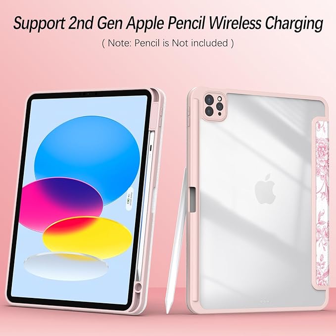 Case for iPad Pro 11 inch 4th/ 3rd/ 2nd / 1st Generation (2022/2021/2020/2018), Case with Pencil Holder, Clear Back Cover Cute Cool Design for Women Girls, Auto Sleep/Wake, Artistic Flower