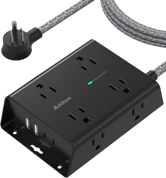 Addtam Surge Protector Power Strip, 8 Widely Outlets with 4 USB Ports (2 USB C), 5ft Extension Cord with Multiple Plug Outlets, 3 Side Outlet Extender, Flat Plug, Wall Mount, ETL, Black