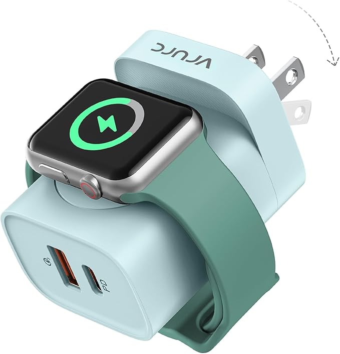 VRURC Charger for Apple Watch, Built-in Wireless Magnetic Charging Station for iWatch SE/11/10/9/8/7/6/5/4, PD 20W USB C Charging Block, Foldable Wall Charger Fast for iPhone 17/16/15/14/13-Green