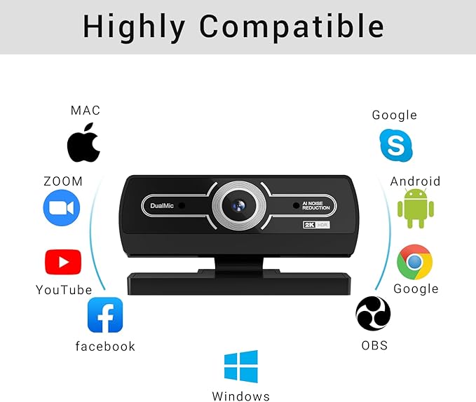 2K Webcam with Microphone, 1440P QHD Web Cam for Desktop Computer, Plug and Play USB Computer Camera for Laptop/PC, Streaming Web Camera with Auto Light Correction for Zoom/Teams/Skype, Mac/Windows
