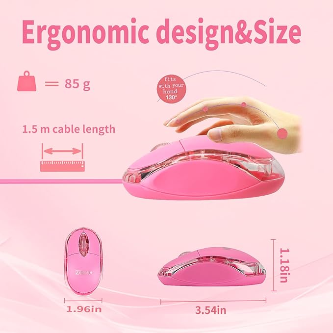SOON GO Pink Mouse,Computer Mouse,with 1.5m Pink USB Cable - Compatible with Windows, Linux, Mac, Laptop, PC & Desktop - Ideal for Office, Home, Business, School, Kids & Women