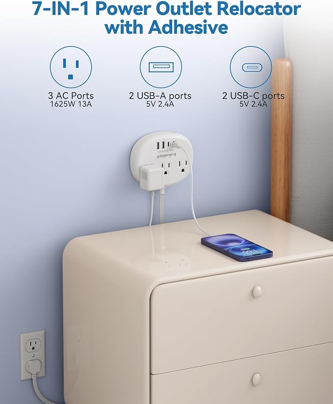 Power Outlet Relocator with Adhesive- 5 FT, 1625W Wall Mounted Extension Cord with 3 AC Outlet 4 USB (24W/4.8A), Peel and Stick Outlet for Easy Access to Low-Floor Socket