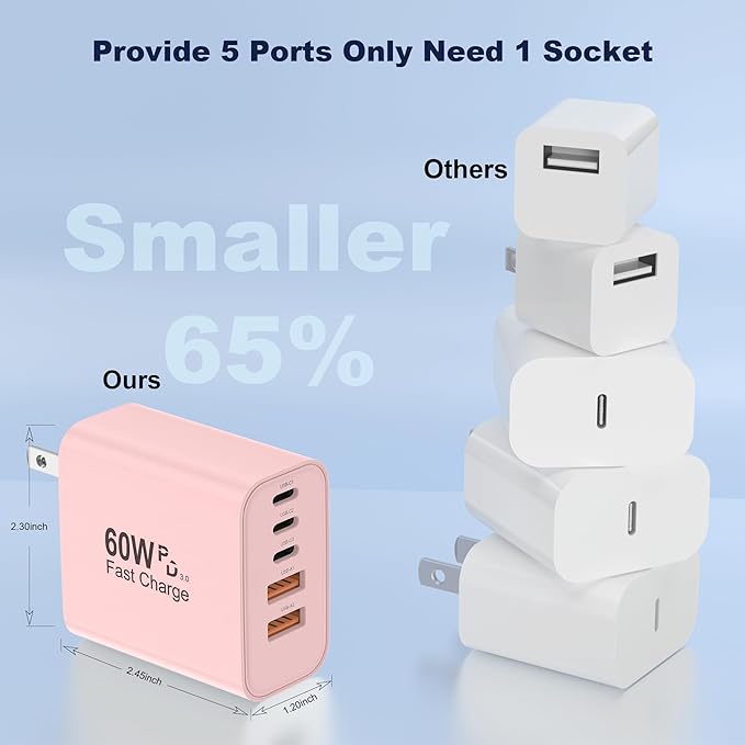 USB C Charger Block, 60W 5 in 1 Charging Blocks, PD 3.0 Fast Charger, QC 2A Pink Wall Plug Multiport Type C Charging Block for iPhone 17 16 15 14 13 12 Pro Max, iPad, iPod, Samsung, AirPods Pro