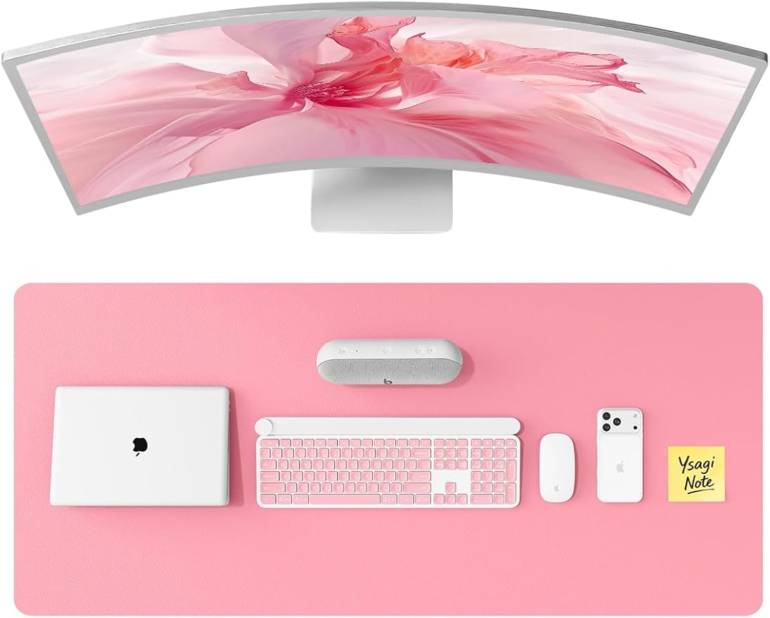 YSAGi Leather Desk Pad Protector, Office Desk Mat, Large Mouse Pad, Non-Slip PU Leather Desk Blotter, Laptop Desk Pad, Waterproof Desk Writing Pad for Office and Home (Pink, 47" x 17")