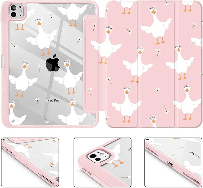 May Chen for iPad Pro 13 Inch Case M5 2025 / M4 2024, Built Pencil Holder & Clear Transparent Print Back Shell Slim Stand Shockproof Tablet Cover, Auto Wake/Sleep, Goose Flower