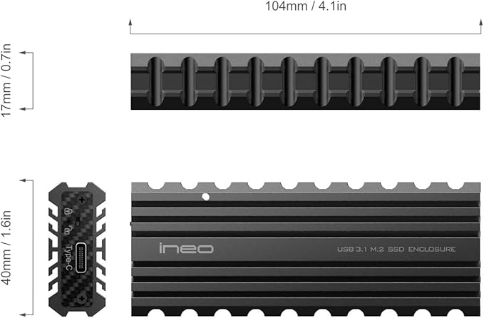 Ineo M.2 NVMe (PCIe) SSD USB10Gbps Type-C Rugged Militarized Enclosure with a Solid Metal Case and Built-in Write Protection Switch (Picatinny Rail Style) [C2597-NVMe]