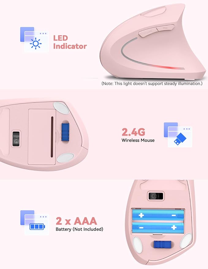 TECKNET Ergonomic Mouse, 4800 DPI Wireless Vertical Mouse with 5 Adjustable DPI Levels, 2.4GHz Optical Carpal Tunnel Mouse, 6 Buttons for Laptop, Desktop, PC, MacBook - Pink