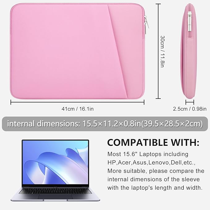 Laptop Sleeve Case with Zipper Accessory Pocket Compatible with 15.6 inches HP Dell Lenovo Asus Padded Computer Pouch Cover Shockproof Protective for 15.6” Laptop/Chromebook/Tablet,Pink