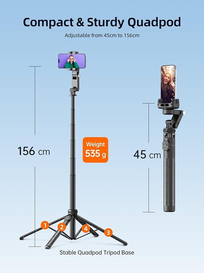 Rollei Auto Face Tracking Tripod, Smartphone Gimbal Stabilizer 61'' Selfie Stick Tripod Holder 360° Rotation for iPhone/Android Stand for Filming Streaming Tiktok Video Vlog