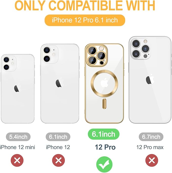 Hython Magnetic Clear for iPhone 12 Pro Case with Camera Lens Protector [Compatible with MagSafe] Luxury Plating Edge Slim Soft TPU Cover Protective Phone Case for iPhone 12 Pro 6.1", Gold