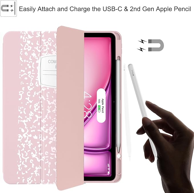 Soke Case for iPad Air 13 Inch (M4/M3/M2,2026-2024), iPad Pro 12.9" 6th/5th Generation with Pencil Holder(2021 2022 Release)-[Apple Pencil Charging + Auto Wake/Sleep] Soft Back Cover, Book Pink