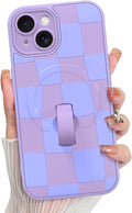 KANGHAR Compatible with iPhone 15 Case, Support for MagSafe, Silicone Checkered Cute Pattern, Wristband Kickstand Camera Protection Soft Slim Cover for Girls Women -Purple