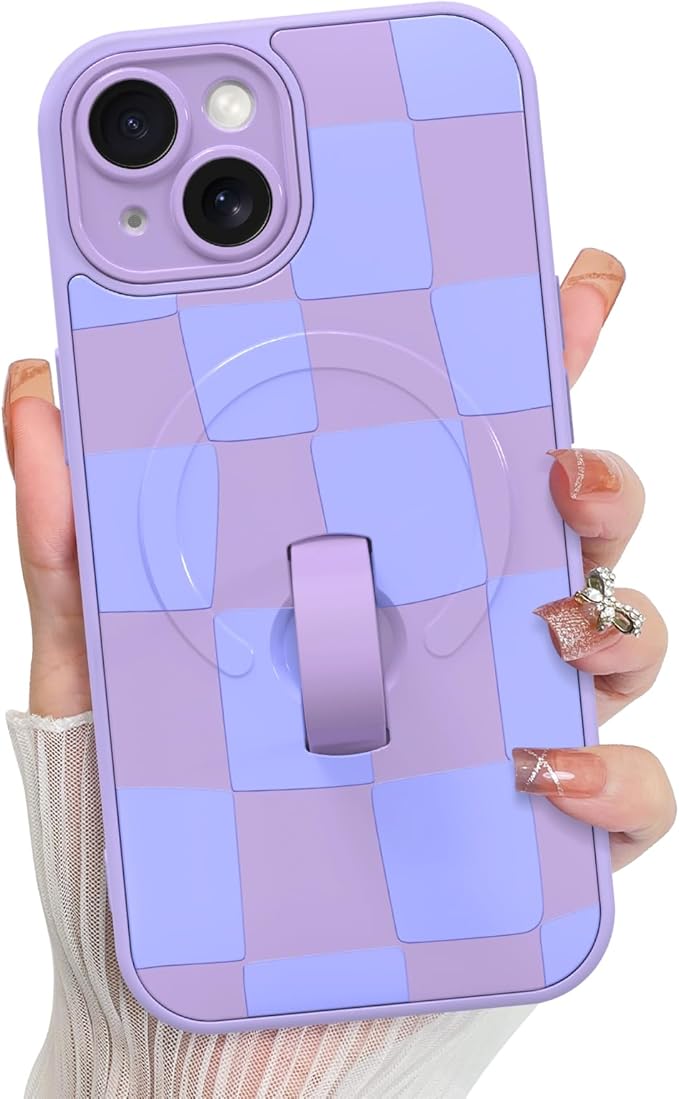 KANGHAR Compatible with iPhone 15 Case, Support for MagSafe, Silicone Checkered Cute Pattern, Wristband Kickstand Camera Protection Soft Slim Cover for Girls Women -Purple