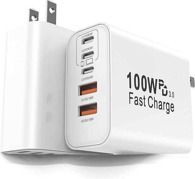 FEEL2NICE 2-Pack 100W USB C Charger Block,5-Port Fast Wall Charger [3 PD USB-C & 2 QC 3.0 USB-A], Compact Adapter for MacBook Pro, iPad, iPhone 17/16/15 Pro Max, Galaxy S26/S25 Ultra, Laptop