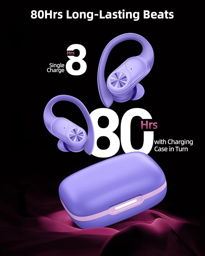PocBuds Bluetooth Headphones Wireless Earbuds 80hrs Playtime Wireless Charging Case Digital Display Sports Ear buds with Earhook Deep Bass IPX7 Waterproof Over-Ear Earphones for TV Phone Laptop Purple