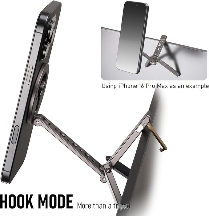 Ultra-Compact Magnetic Tripod for iPhone | Foldable Hook Design, 20 N52 Magnets, Cold Shoe & 1/4" Screw - Phone Stand for iPhone 12-17 & MagSafe Devices
