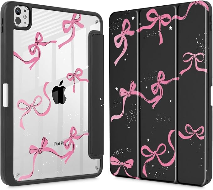 May Chen for iPad Pro 13 Inch Case M5 2025 / M4 2024, Built Pencil Holder & Clear Transparent Print Back Shell Slim Stand Shockproof Tablet Cover, Auto Wake/Sleep, Black Bows