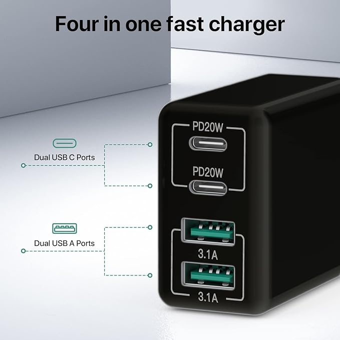 USB C Wall Charger, 40W 4-Port USB C Charger Block, Fast Charging Block Dual Port PD+QC Wall Plug Multiport Type C Compatible with iPhone 14/13/12/11/Pro Max/XS/XR/8/7, Tablet(Black)