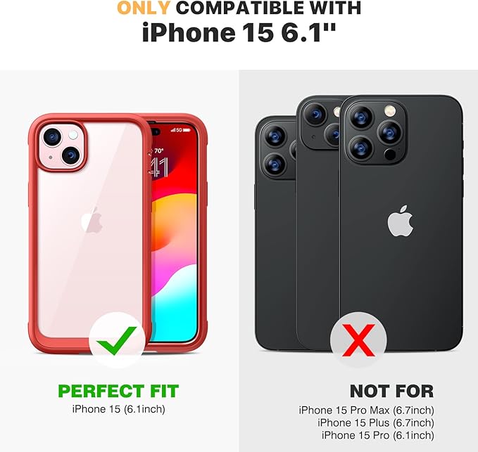 Diaclara Designed for iPhone 15 Case, Full Body Rugged Case with Built-in Touch Sensitive Anti-Scratch Screen Protector, with Camera Lens Protector for iPhone 15 6.1" (Red)