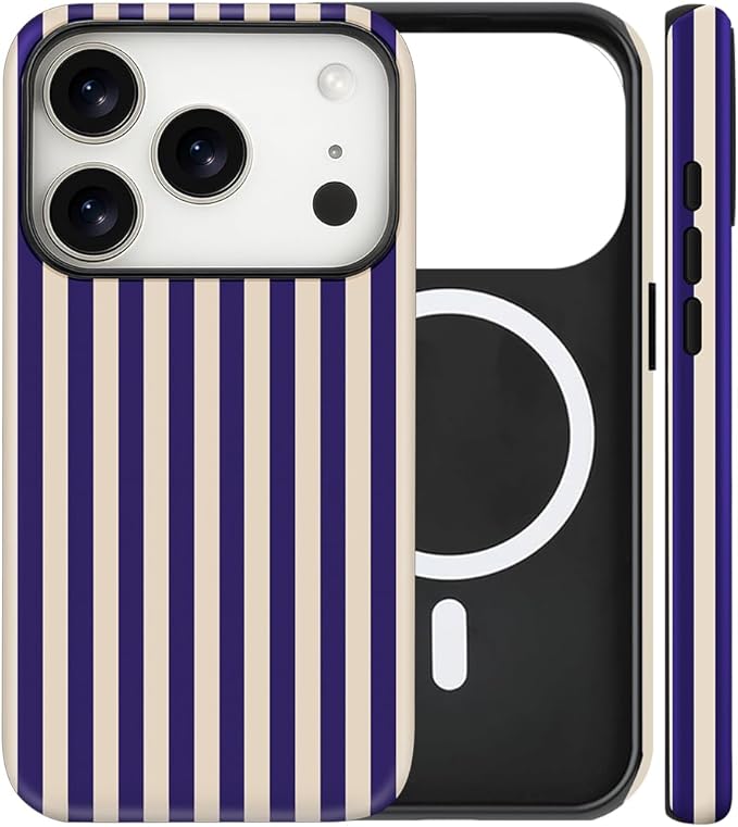 Magnetic for iPhone 17 Pro Max Case Cute Stripes Phone Case, Shockproof Slim TPU and Hard PC Protective Phone Cover Compatible with MagSafe Designed for Women Girls, Deep Purple