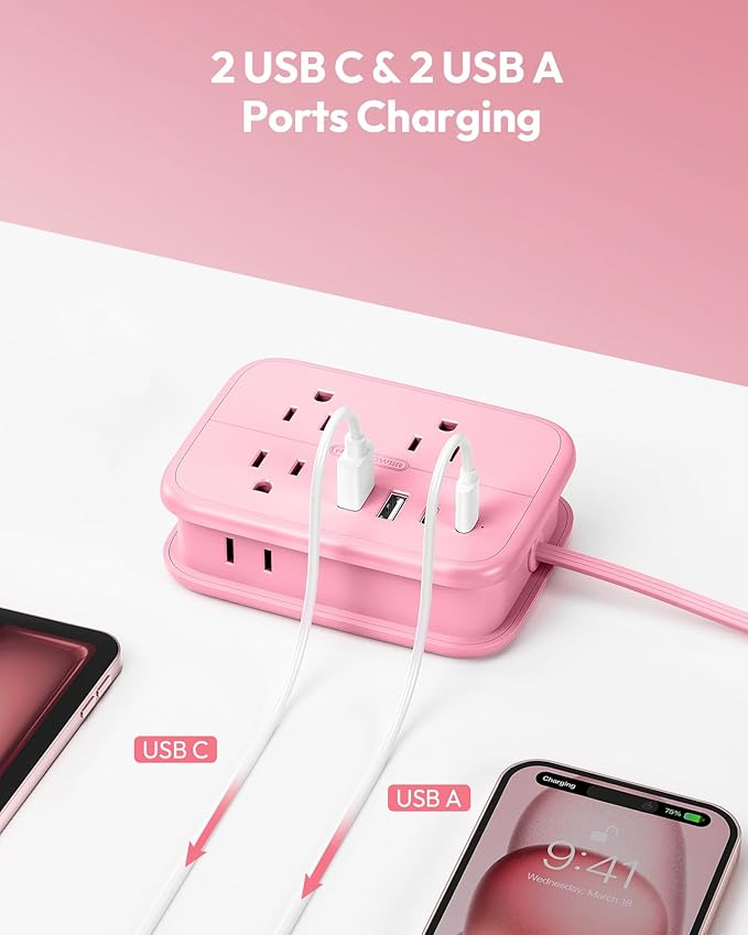 NTONPOWER Pink Extension Cord, Travel Power Strip, 6 Outlets 4 USB Ports(2 USB C), 4ft Extension Cord Wrapped Around Small Power Strip, Compact for Travel, Hotel, Cruise Approved, White